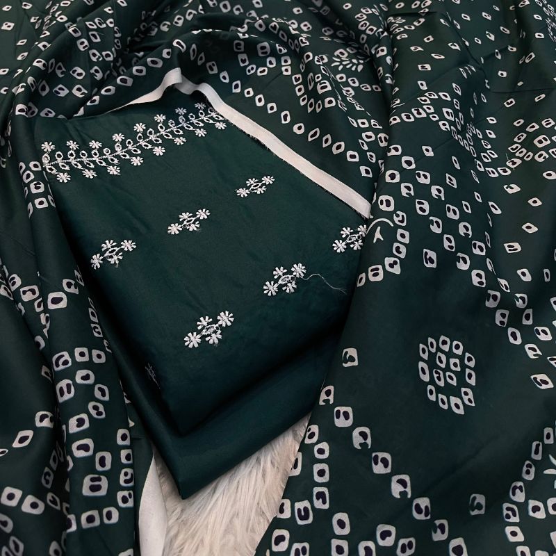 Bareezy 3PC Embroidered Lawn Cotton Suit – Dark Green