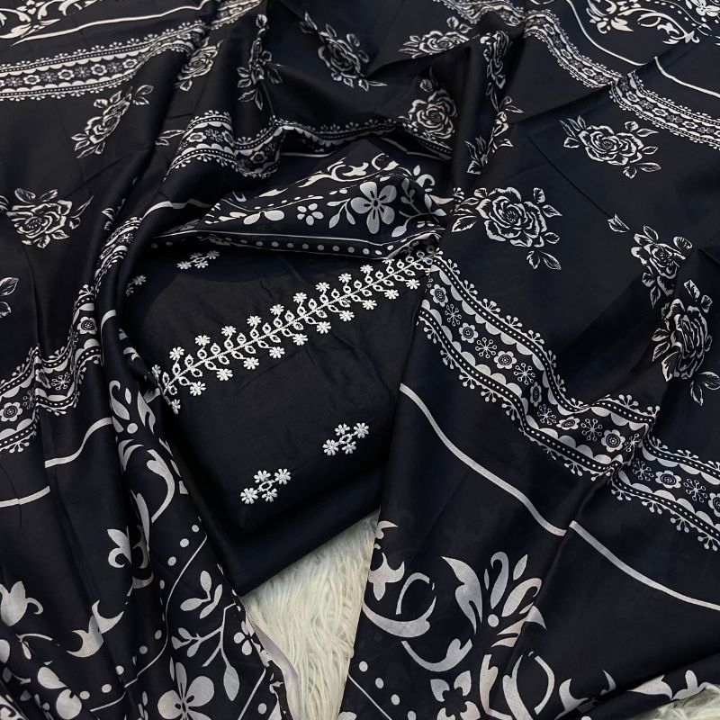 Bareezy 3PC Embroidered Lawn Cotton Suit – Black