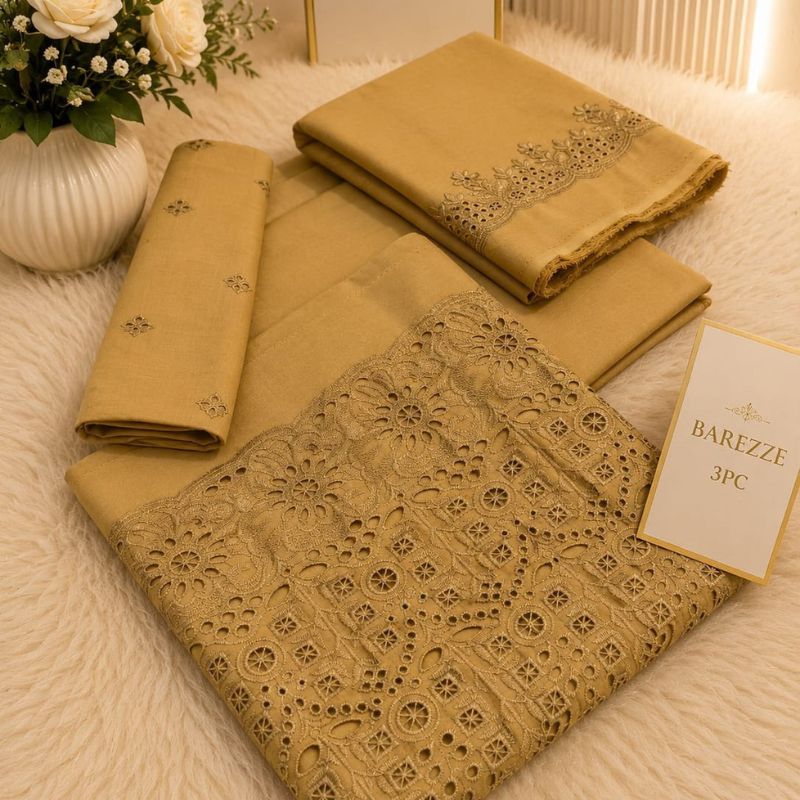 Barezze 3PC Chikankari Embroidered Lawn Suit Mustard Beige