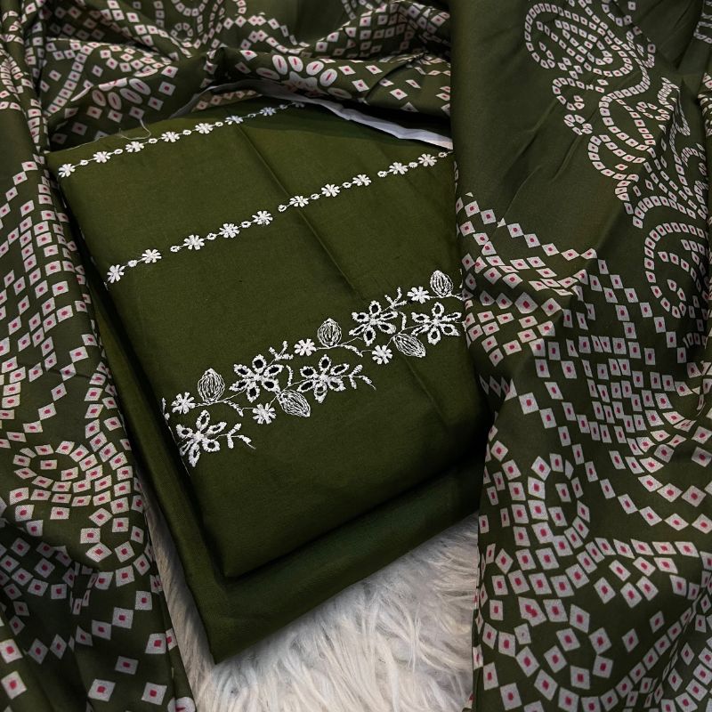 Bareezy 3PC Embroidered Lawn Cotton Suit – Olive Green