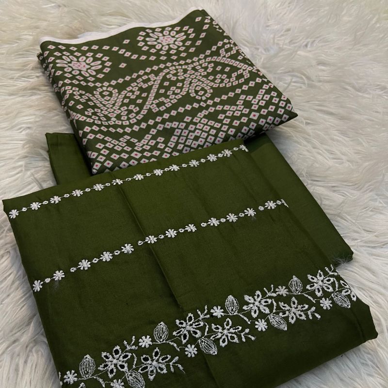 Bareezy 3PC Embroidered Lawn Cotton Suit – Olive Green