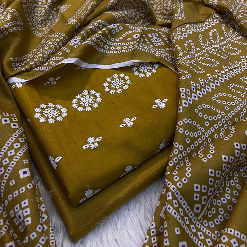 Bareezy 3PC Embroidered Lawn Cotton Suit – Mustard