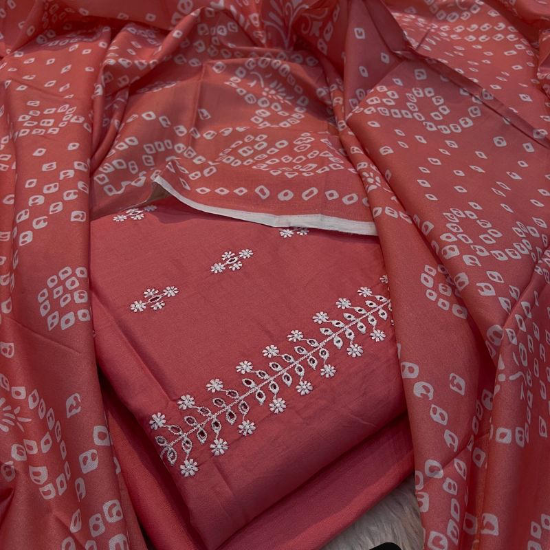 Bareezy 3PC Embroidered Lawn Cotton Suit – Coral Pink | Premium Unstitched Lawn Dress
