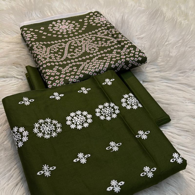 Bareezy 3PC Embroidered Lawn Cotton Suit – Olive Green | Premium Unstitched Lawn Dress