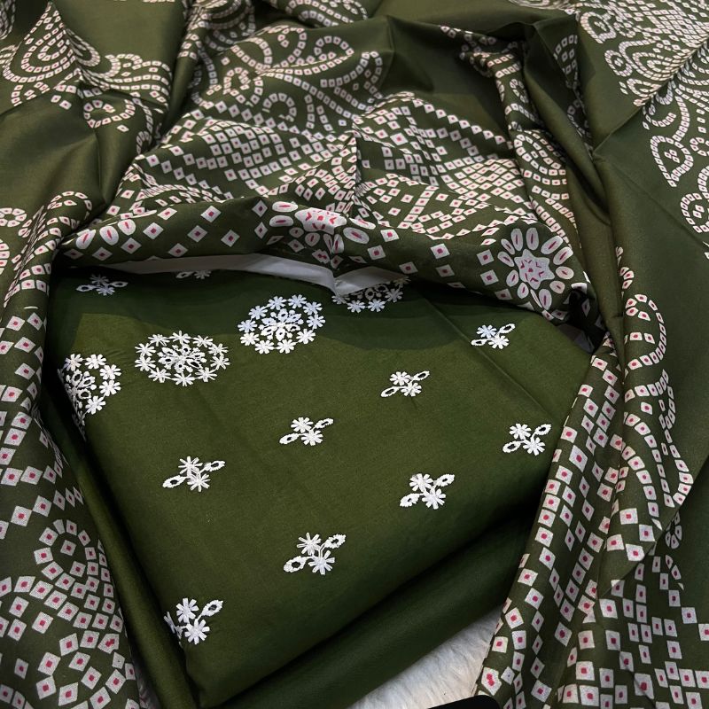 Bareezy 3PC Embroidered Lawn Cotton Suit – Olive Green | Premium Unstitched Lawn Dress