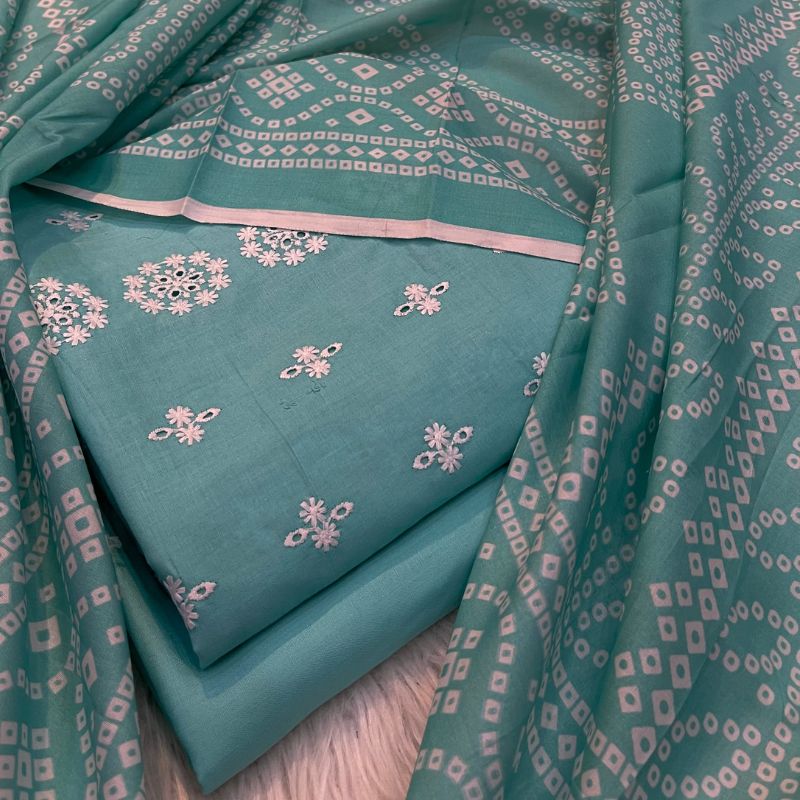 Bareezy 3PC Embroidered Lawn Cotton Suit – Sea Green | Digital Printed Dupatta