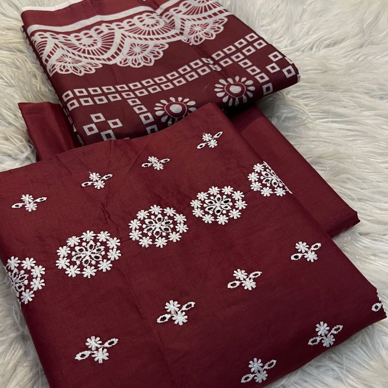 Bareezy 3PC Embroidered Lawn Cotton Suit – Maroon | Digital Printed Dupatta