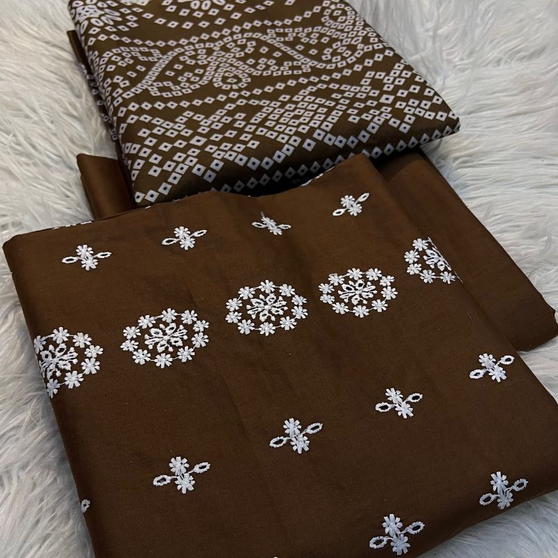 Bareezy 3PC Embroidered Lawn Cotton Suit – Coffee Brown