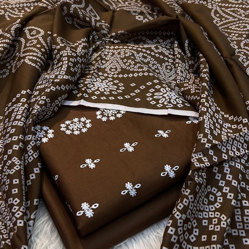 Bareezy 3PC Embroidered Lawn Cotton Suit – Coffee Brown