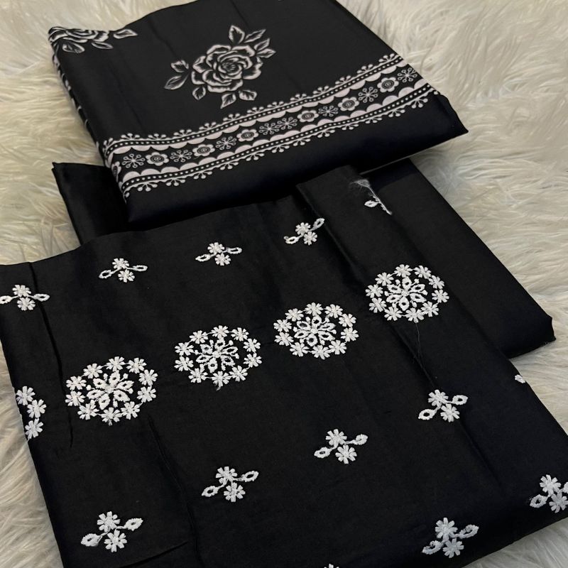 Bareezy 3PC Embroidered Lawn Cotton Suit – Black