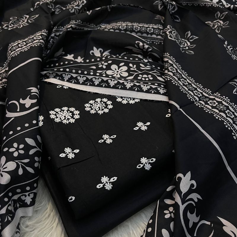 Bareezy 3PC Embroidered Lawn Cotton Suit – Black