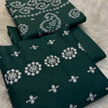 Bareezy 3PC Embroidered Lawn Cotton Suit – Bottle Green | Digital Printed Dupatta