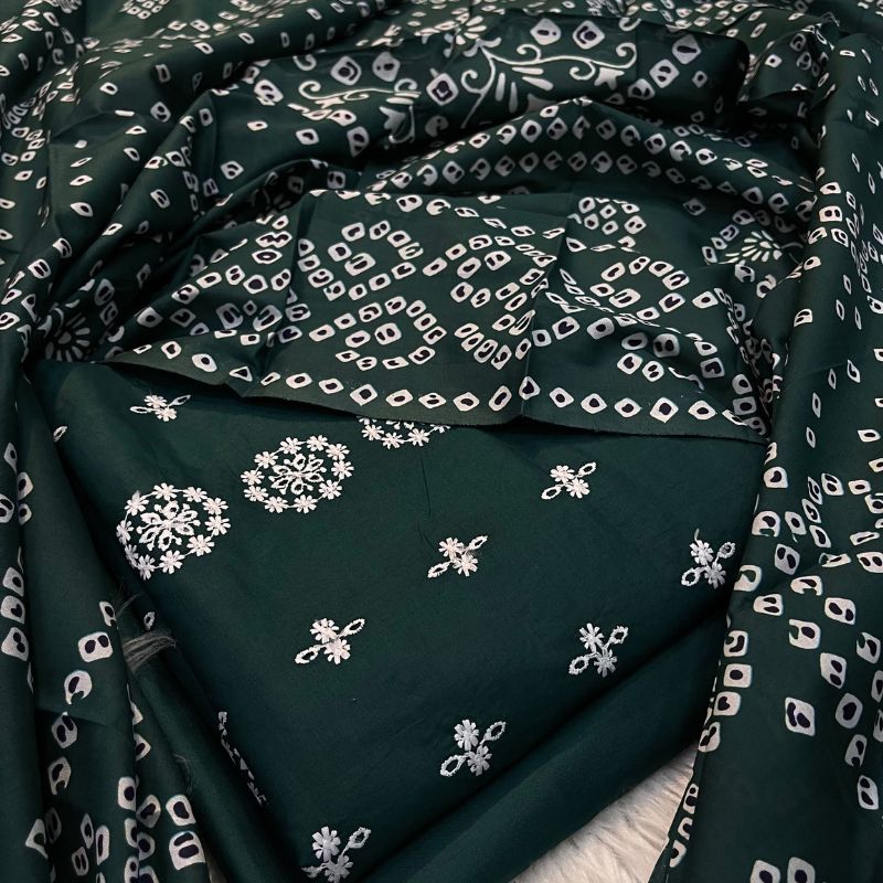 Bareezy 3PC Embroidered Lawn Cotton Suit – Bottle Green | Digital Printed Dupatta