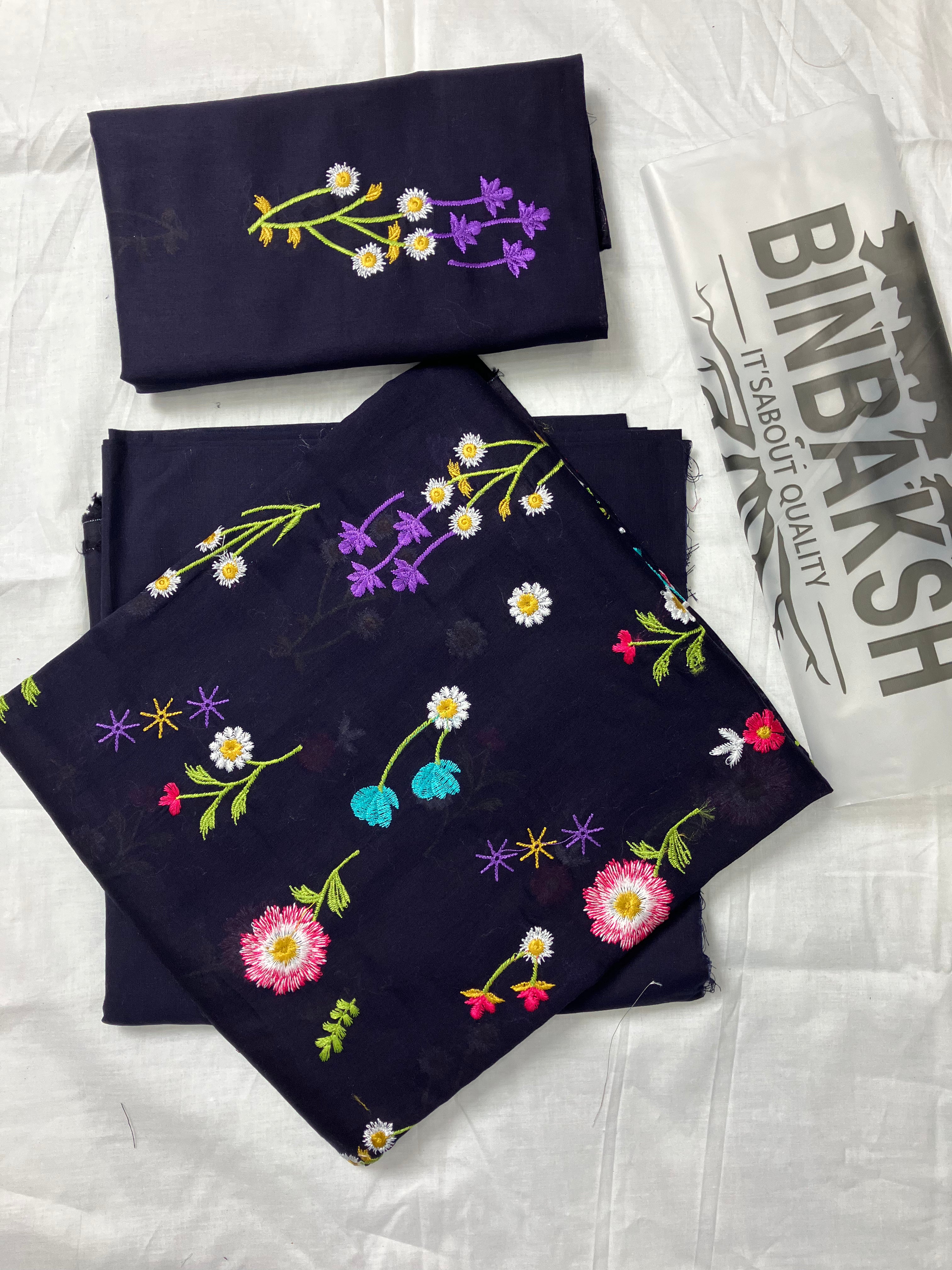 Bareeze Luxury 2 Piece Thread Embroidered Lawn Unstitched Suit (Navy Blue)
