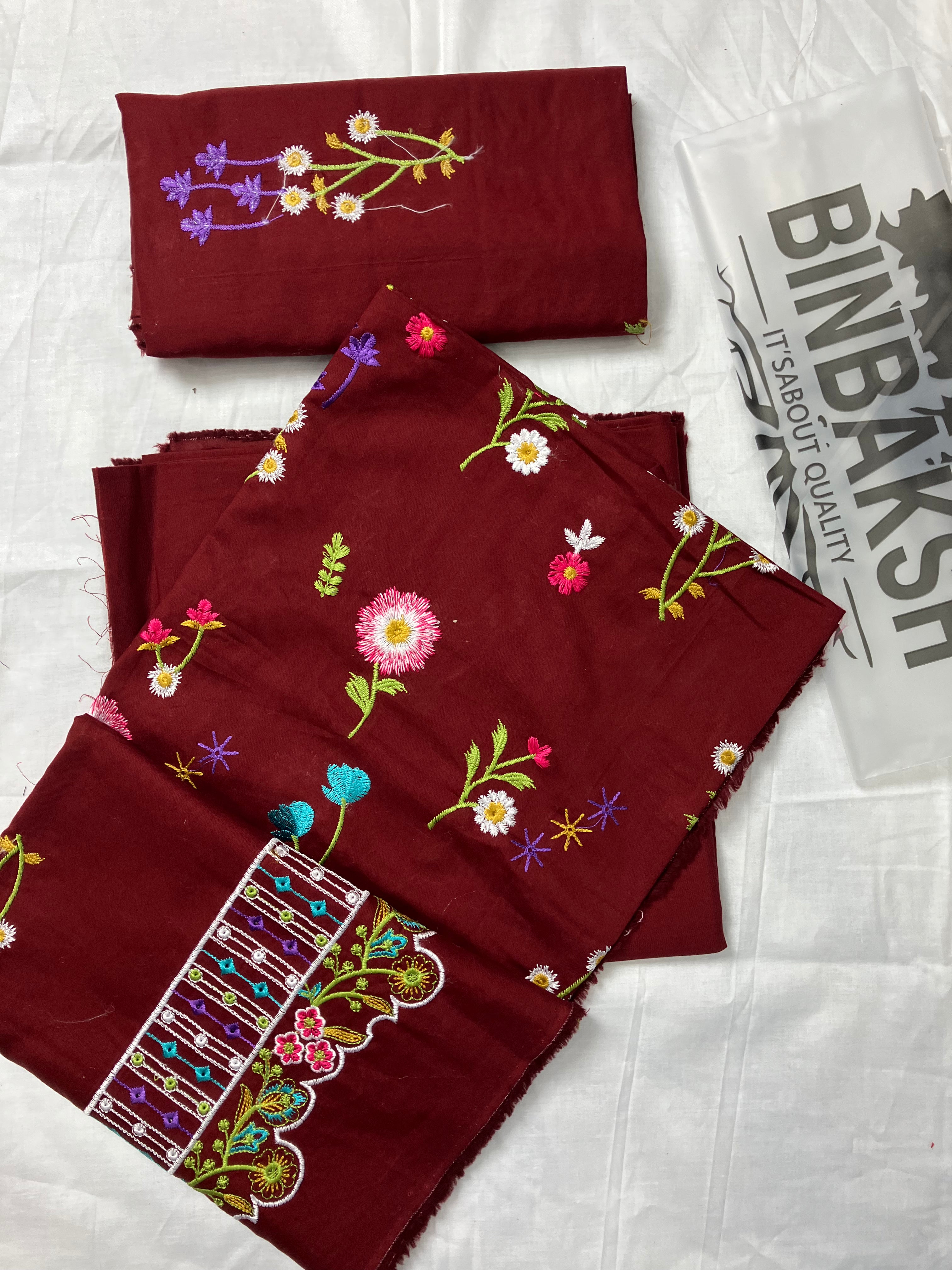 Bareeze Luxury 2 Piece Thread Embroidered Lawn Unstitched Suit (Mehroon)