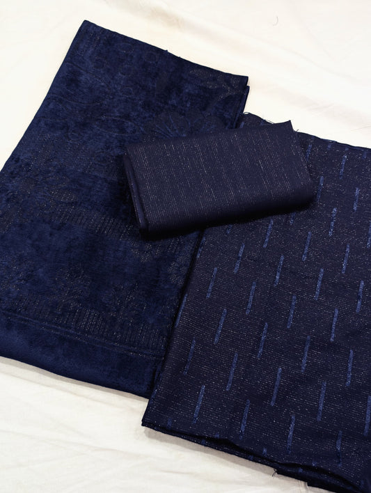 3PC PEACH LEATHER WITH HIGH QUALITY SELF DESIGN FLUFFY VELVET SHAWL EXPORT QUALITY WINTER COLLECTION (Navy Blue Colour)