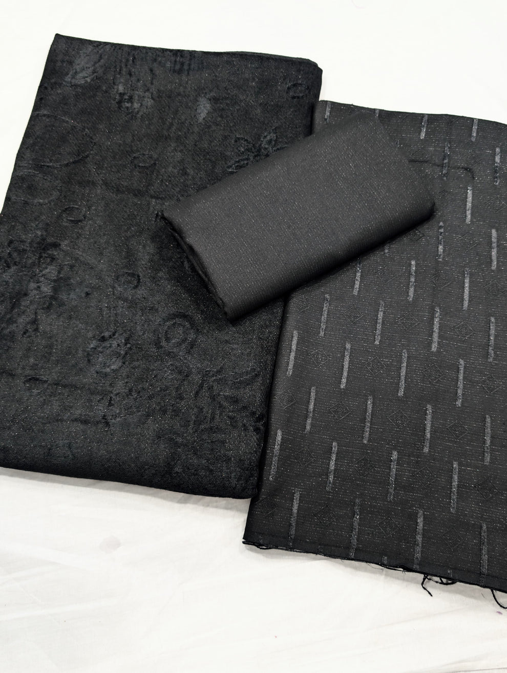 3PC PEACH LEATHER WITH HIGH QUALITY SELF DESIGN FLUFFY VELVET SHAWL EXPORT QUALITY WINTER COLLECTION  (Jet Black Colour)