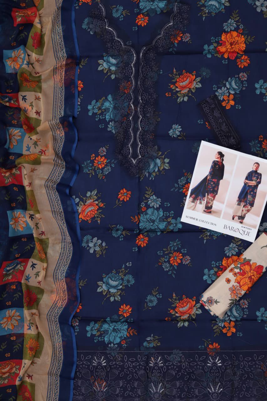 Baroque 3 Piece Digital Printed Lawn Suit - Heavy Embroidery & Chiffon Dupatta Code 7001