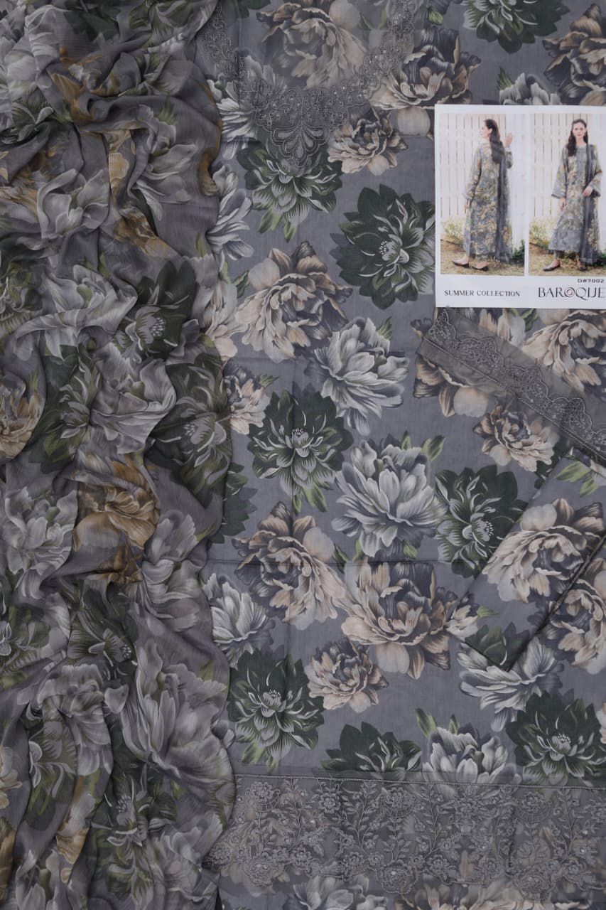 Baroque 3 Piece Digital Printed Lawn Suit - Heavy Embroidery & Chiffon Dupatta Code 7001