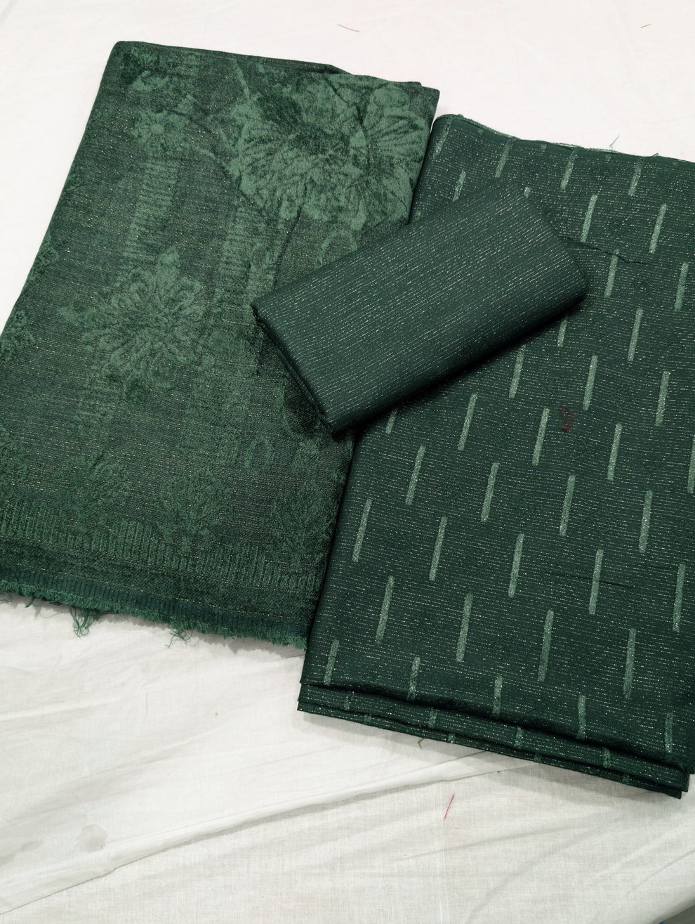 3PC PEACH LEATHER WITH HIGH QUALITY SELF DESIGN FLUFFY VELVET SHAWL EXPORT QUALITY WINTER COLLECTION (Bottle Green Colour)