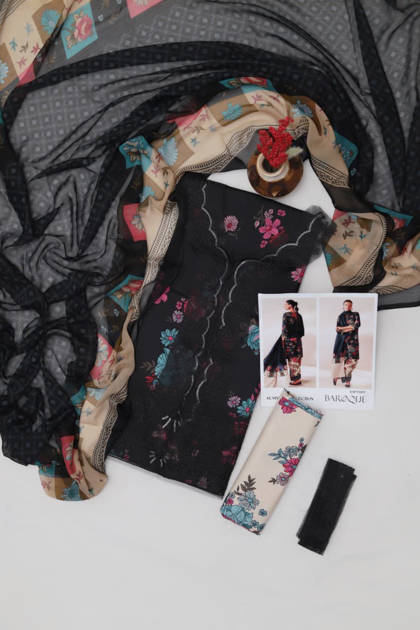 Baroque 3 Piece Digital Printed Lawn Suit - Heavy Embroidery & Chiffon Dupatta Code 7001