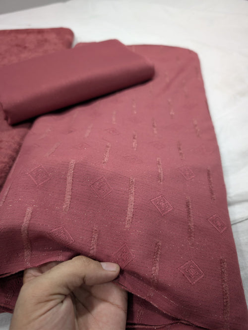 3PC PEACH LEATHER WITH HIGH QUALITY SELF DESIGN FLUFFY VELVET SHAWL EXPORT QUALITY WINTER COLLECTION (Rose Pink Colour)