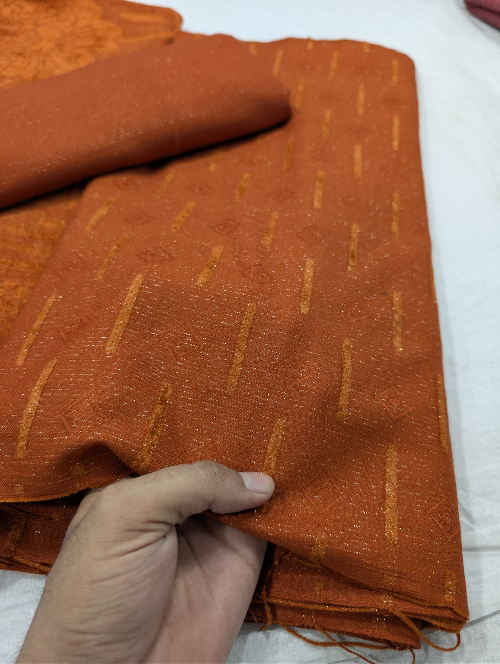 3PC PEACH LEATHER WITH HIGH QUALITY SELF DESIGN FLUFFY VELVET SHAWL EXPORT QUALITY WINTER COLLECTION (Rust Colour)