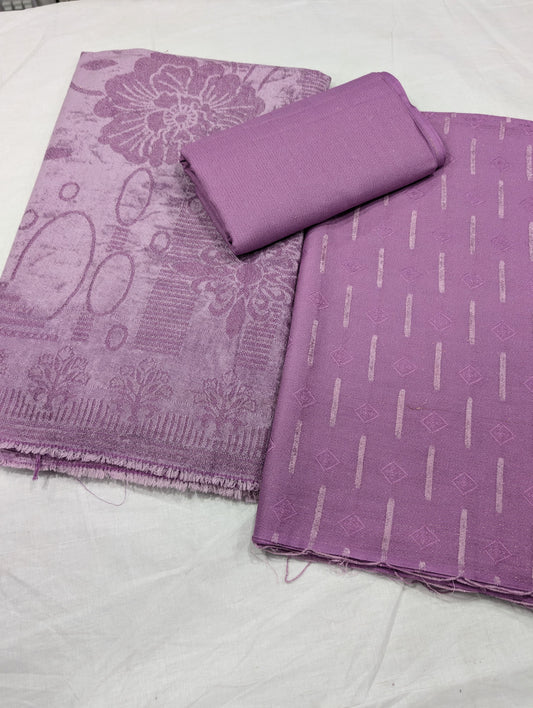 3PC PEACH LEATHER WITH HIGH QUALITY SELF DESIGN FLUFFY VELVET SHAWL EXPORT QUALITY WINTER COLLECTION (Lilac Colour)