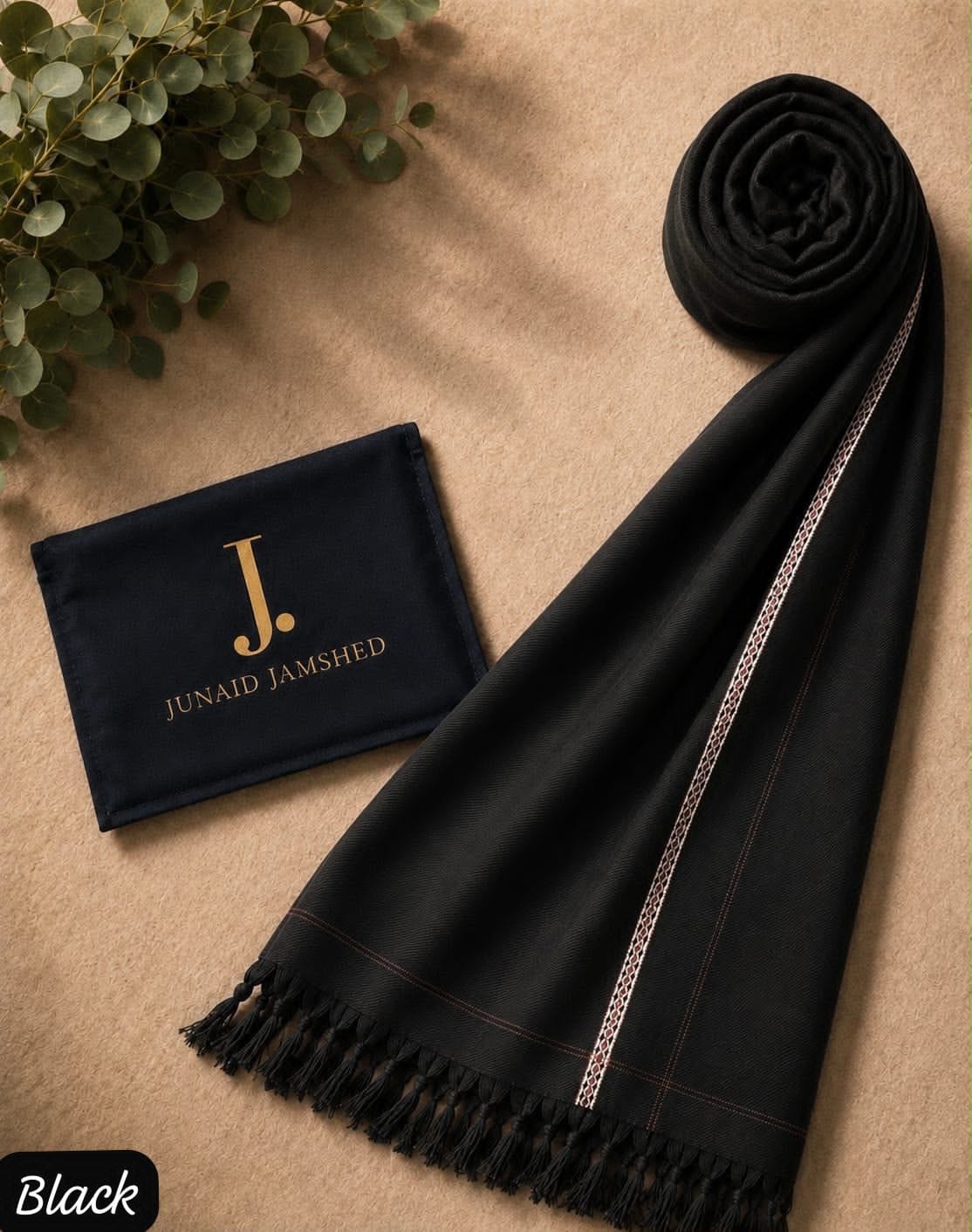 J. Junaid Jamshed Premium Men’s Winter Shawl – Pure Suti Woollen ( Black Colour)