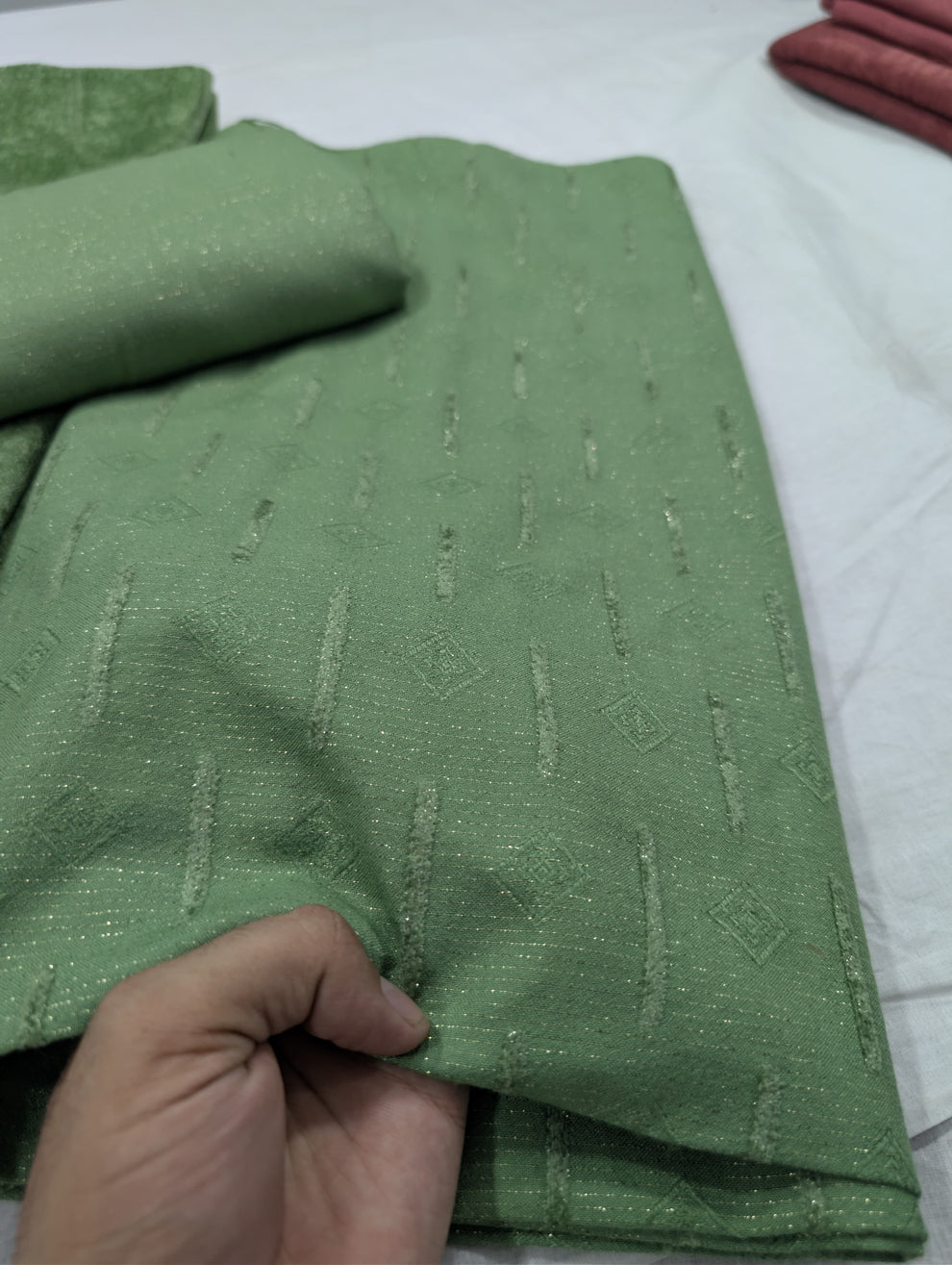 3PC PEACH LEATHER WITH HIGH QUALITY SELF DESIGN FLUFFY VELVET SHAWL EXPORT QUALITY WINTER COLLECTION (Apple Green Colour)