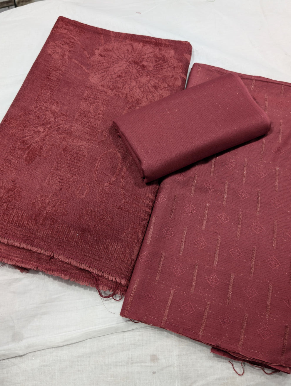 3PC PEACH LEATHER WITH HIGH QUALITY SELF DESIGN FLUFFY VELVET SHAWL EXPORT QUALITY WINTER COLLECTION (Rose Pink Colour)