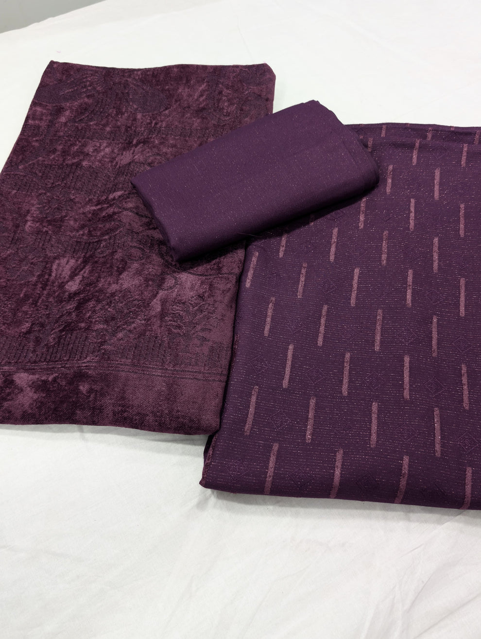 3PC PEACH LEATHER WITH HIGH QUALITY SELF DESIGN FLUFFY VELVET SHAWL EXPORT QUALITY WINTER COLLECTION (Dark Purple Colour)