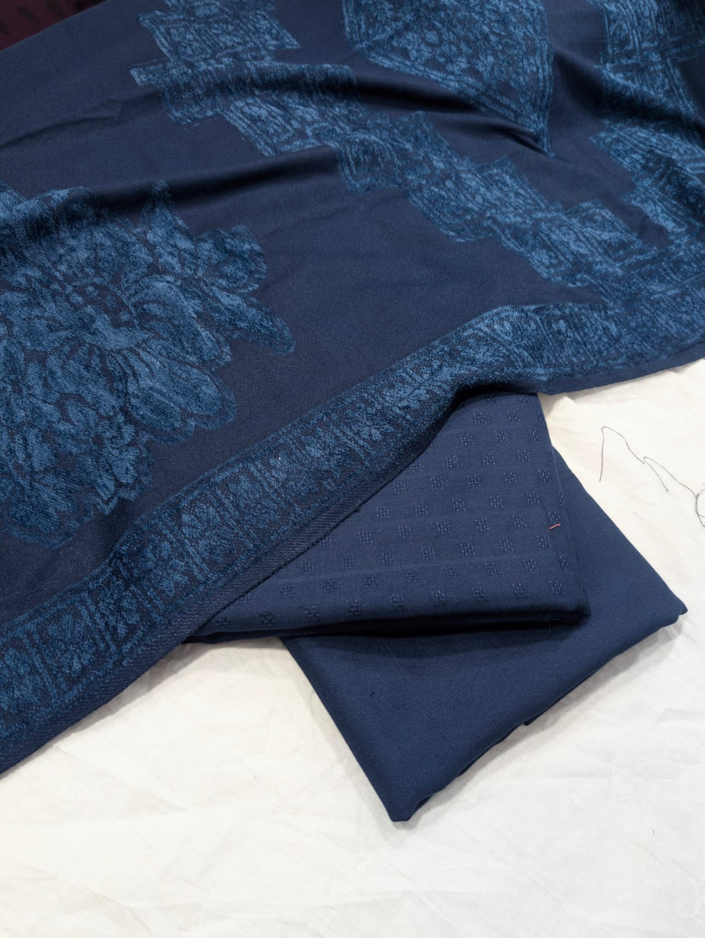 3PC MARINA SELF EMBOSSED WITH HIGH QUALITY RICH VELVET WOOL SHAWL LUXURIOUS WINTER COLLECTION (Navy Blue Color)