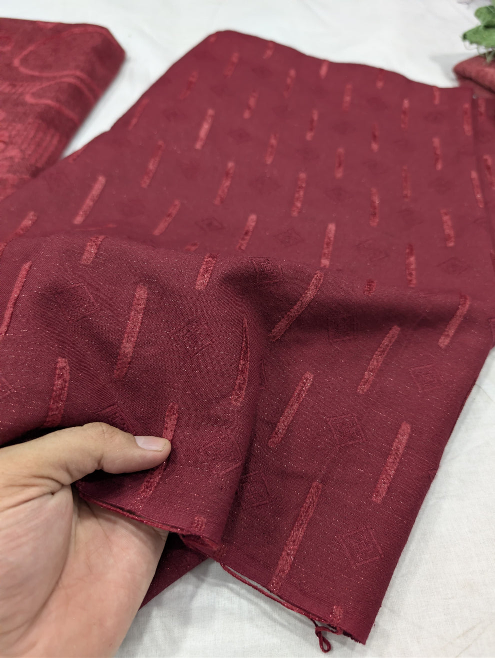 3PC PEACH LEATHER WITH HIGH QUALITY SELF DESIGN FLUFFY VELVET SHAWL EXPORT QUALITY WINTER COLLECTION (Mehroon Colour)