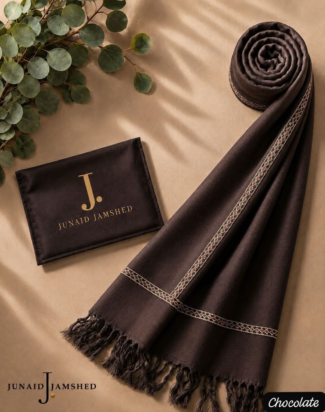 J. Junaid Jamshed Premium Men’s Winter Shawl – Pure Suti Woollen (Chocolate Brown)