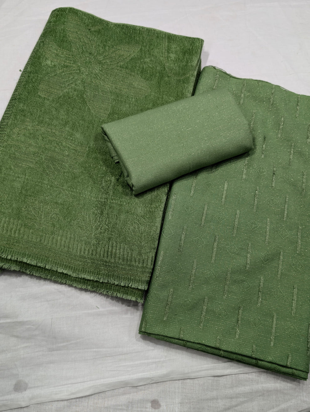 3PC PEACH LEATHER WITH HIGH QUALITY SELF DESIGN FLUFFY VELVET SHAWL EXPORT QUALITY WINTER COLLECTION (Apple Green Colour)