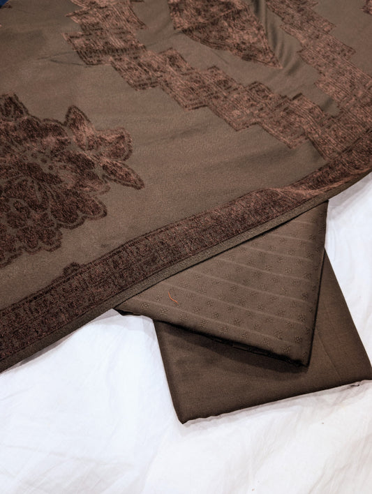 3PC MARINA SELF EMBOSSED WITH HIGH QUALITY RICH VELVET WOOL SHAWL LUXURIOUS WINTER COLLECTION (Chocolate Brown Colour)
