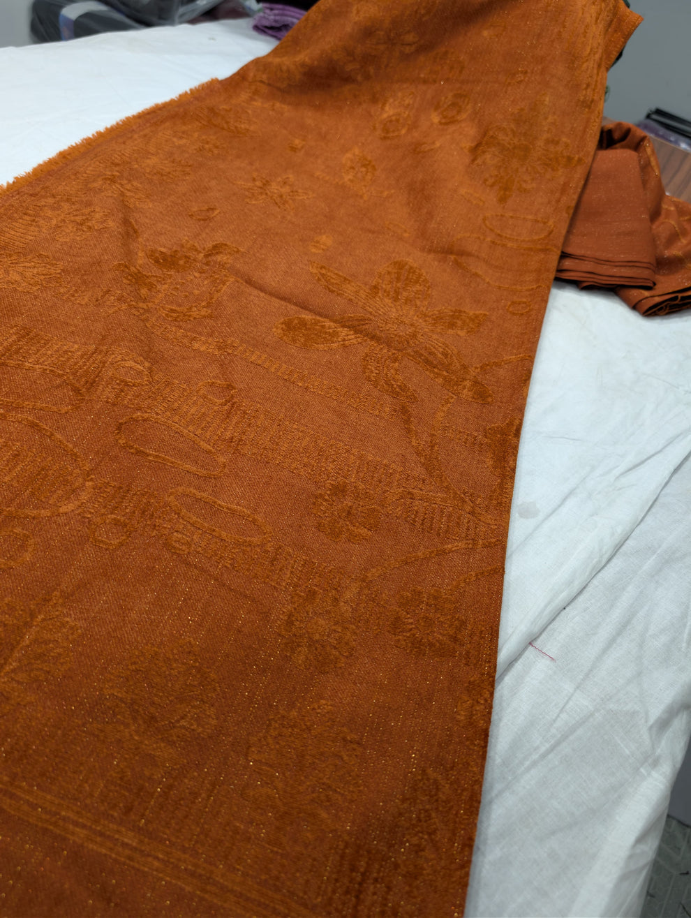 3PC PEACH LEATHER WITH HIGH QUALITY SELF DESIGN FLUFFY VELVET SHAWL EXPORT QUALITY WINTER COLLECTION (Rust Colour)