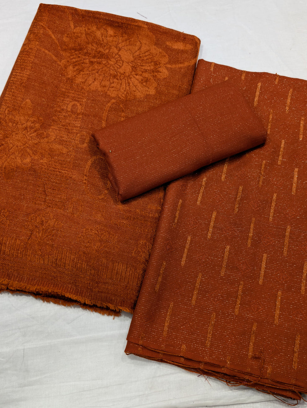 3PC PEACH LEATHER WITH HIGH QUALITY SELF DESIGN FLUFFY VELVET SHAWL EXPORT QUALITY WINTER COLLECTION (Rust Colour)