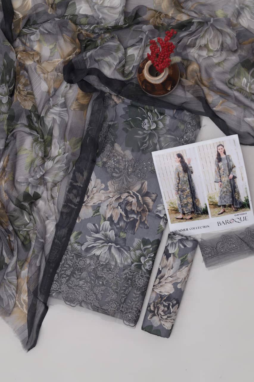 Baroque 3 Piece Digital Printed Lawn Suit - Heavy Embroidery & Chiffon Dupatta Code 7001