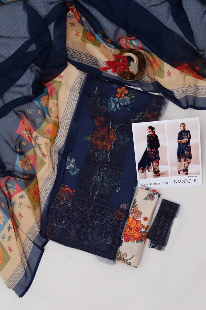 Baroque 3 Piece Digital Printed Lawn Suit - Heavy Embroidery & Chiffon Dupatta Code 7001
