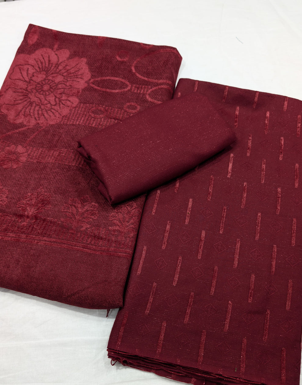 3PC PEACH LEATHER WITH HIGH QUALITY SELF DESIGN FLUFFY VELVET SHAWL EXPORT QUALITY WINTER COLLECTION (Mehroon Colour)